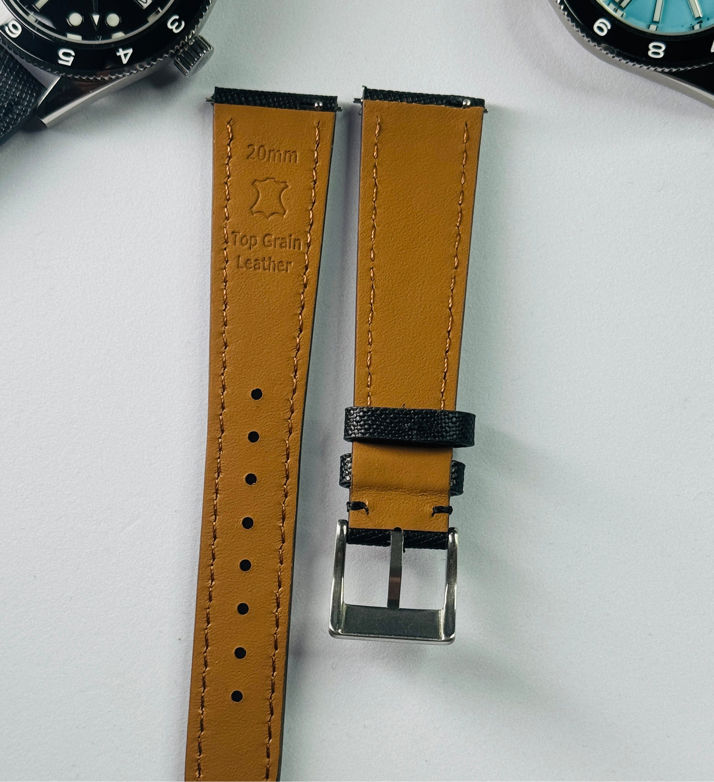 Top Grain Leather Strap – 20mm, Black with Logo Buckle