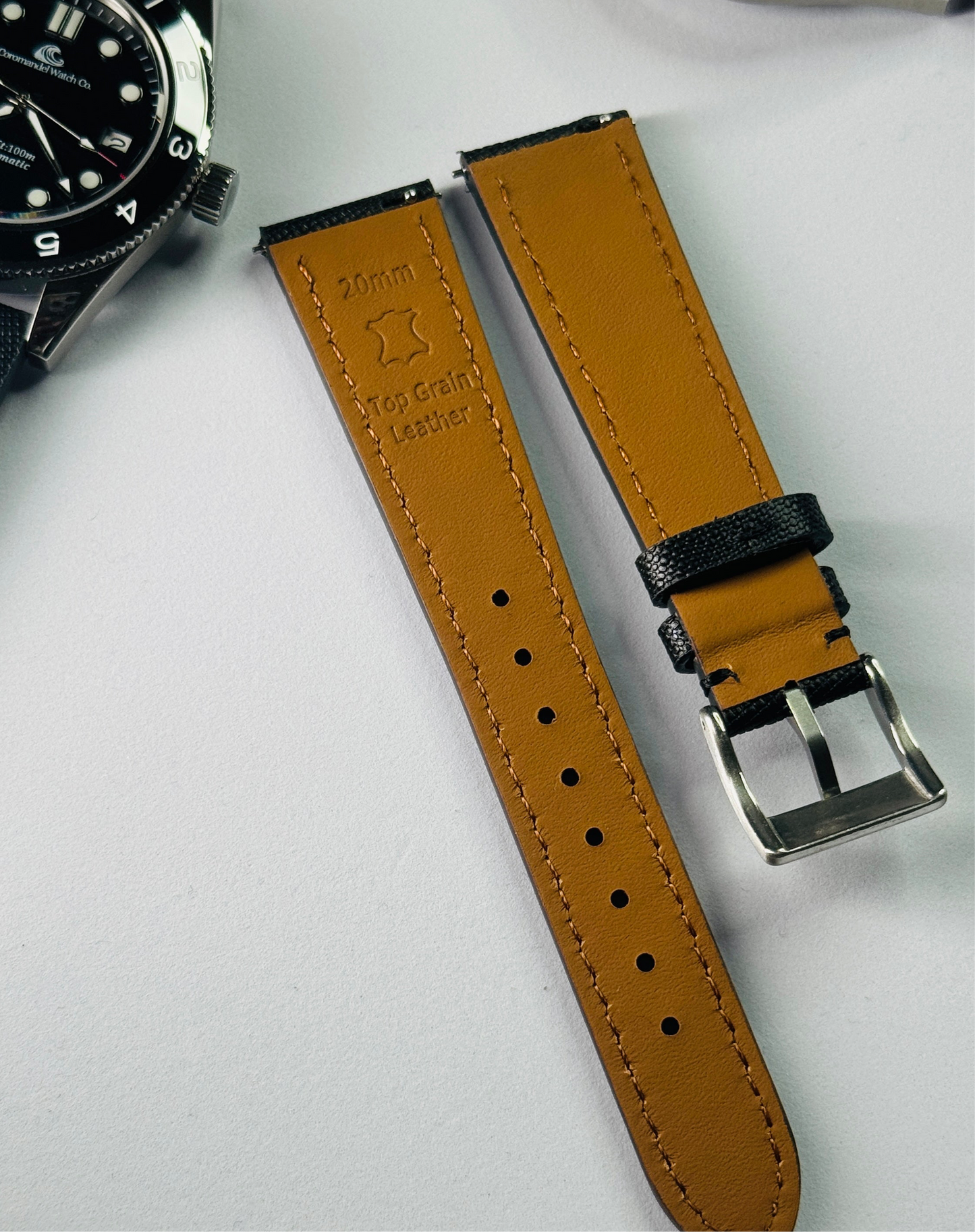 Top Grain Leather Strap – 20mm, Black with Logo Buckle